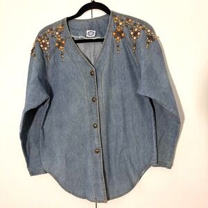 Vintage Western Denim Shirt Size M Bingo Blue Studded Beaded Cowgirl Boho